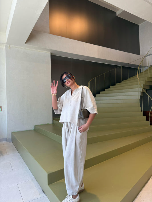 Premium Kalite Keten Şalvar Takım | Açık Bej