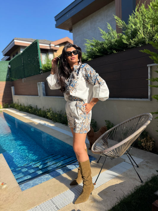 Etnik Desen Takım Beyaz