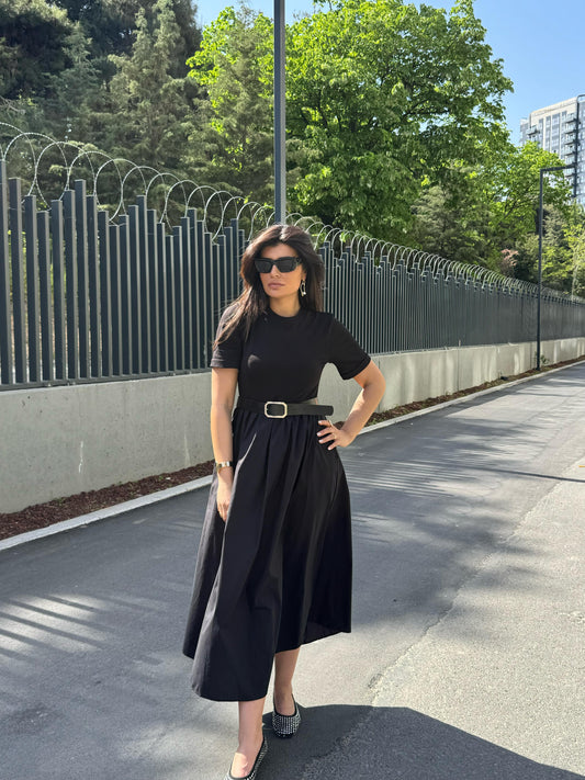 Kemerli Dakron Elbise | Siyah