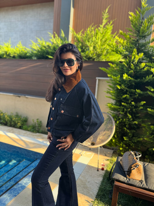 Yakası Kadife detaylı Kot Ceket