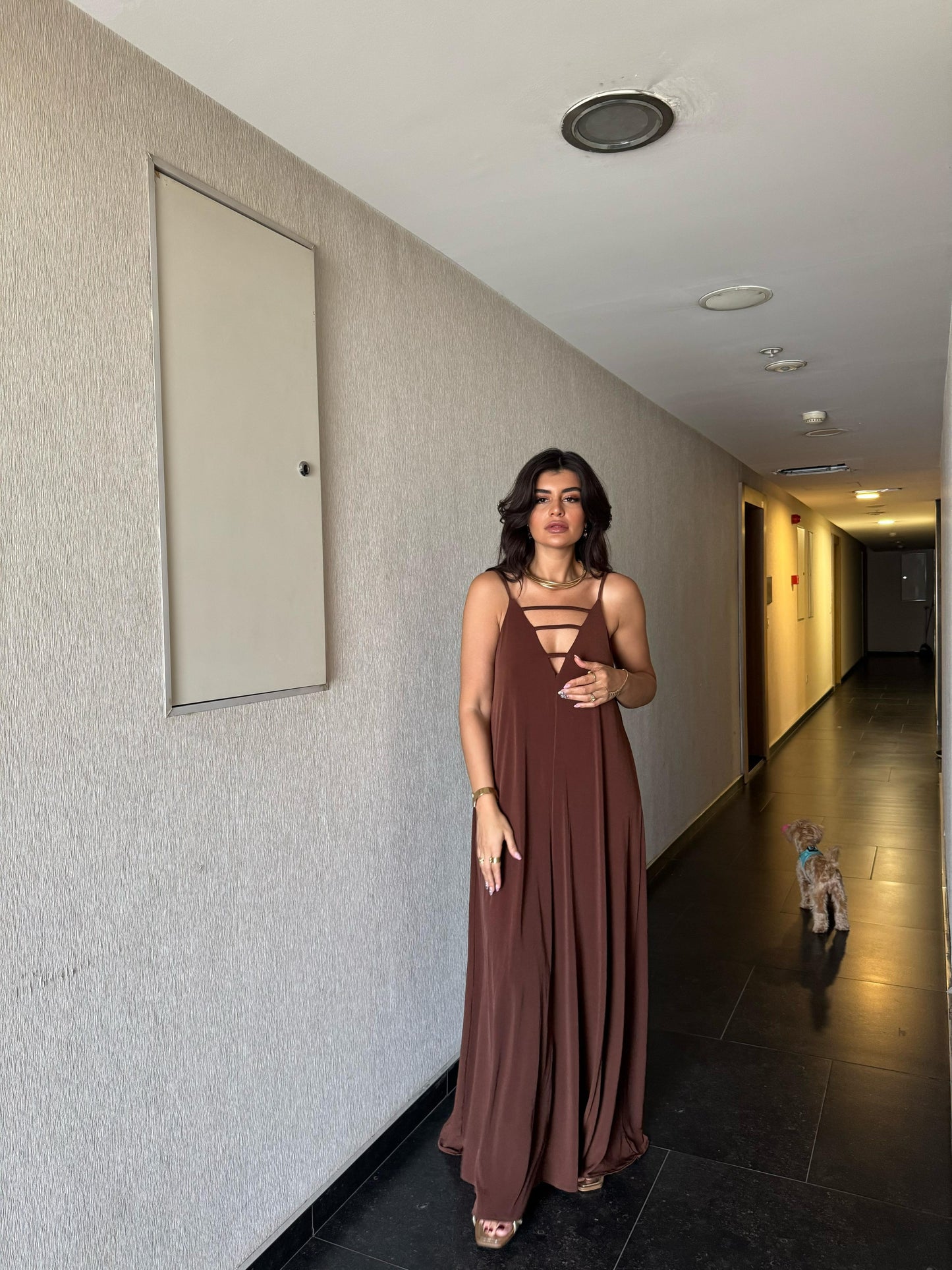 Sırtı Açık-Yaka Önü Biyeli Maxi Boy Elbise | Kahverengi