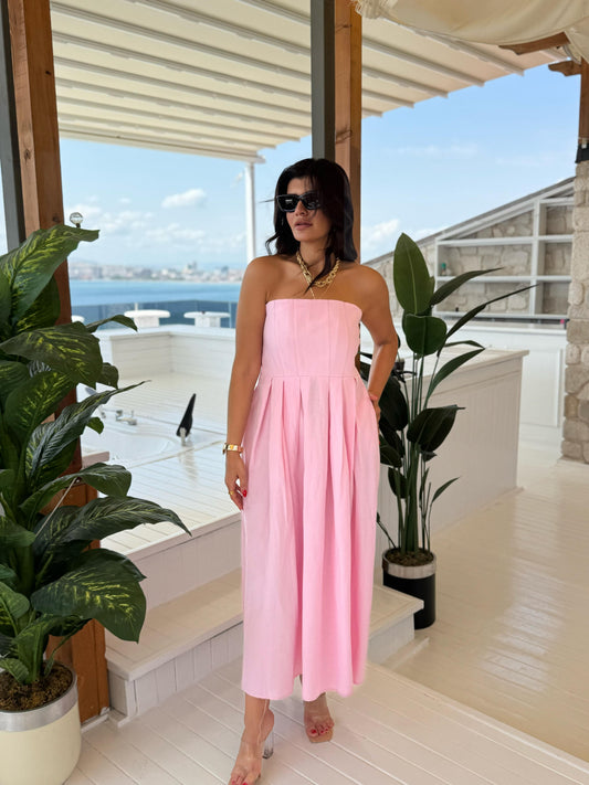Keten Straplez Elbise| Pembe
