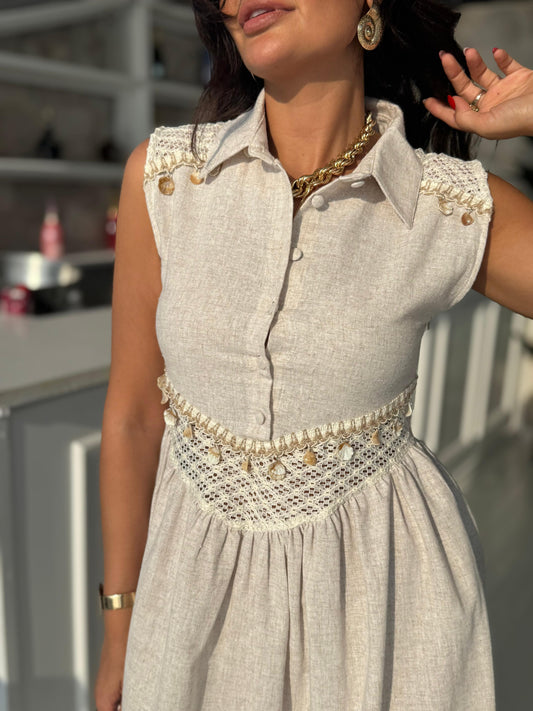 Keten Deniz Kabuklu Midi Boy Elbise | Bej