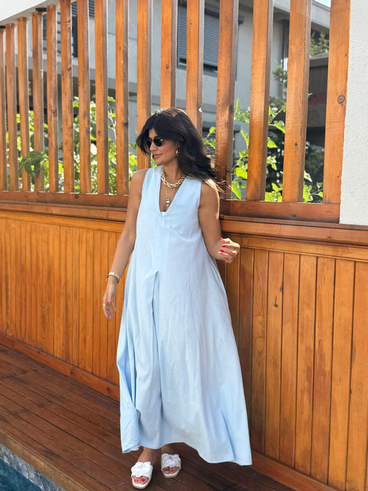 Keten Kumaş Cepli Maxi Boy Elbise | Mavi