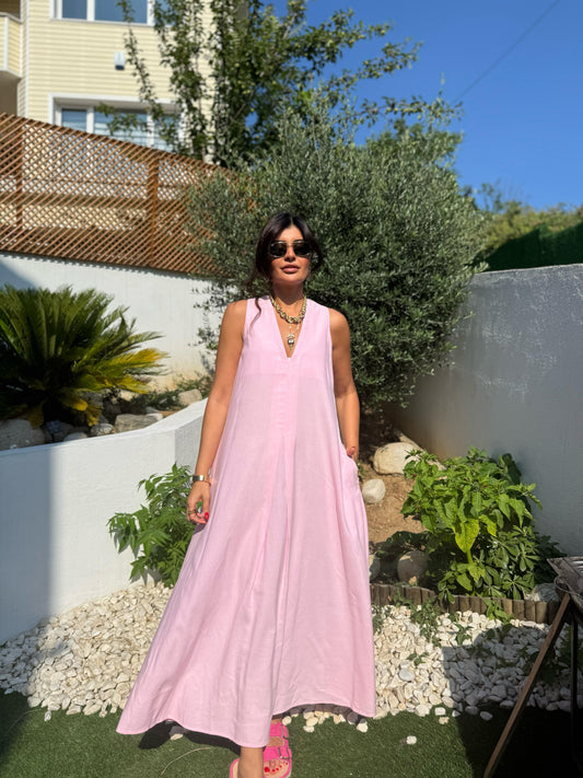 Keten Kumaş Cepli Maxi Boy Elbise | Pembe
