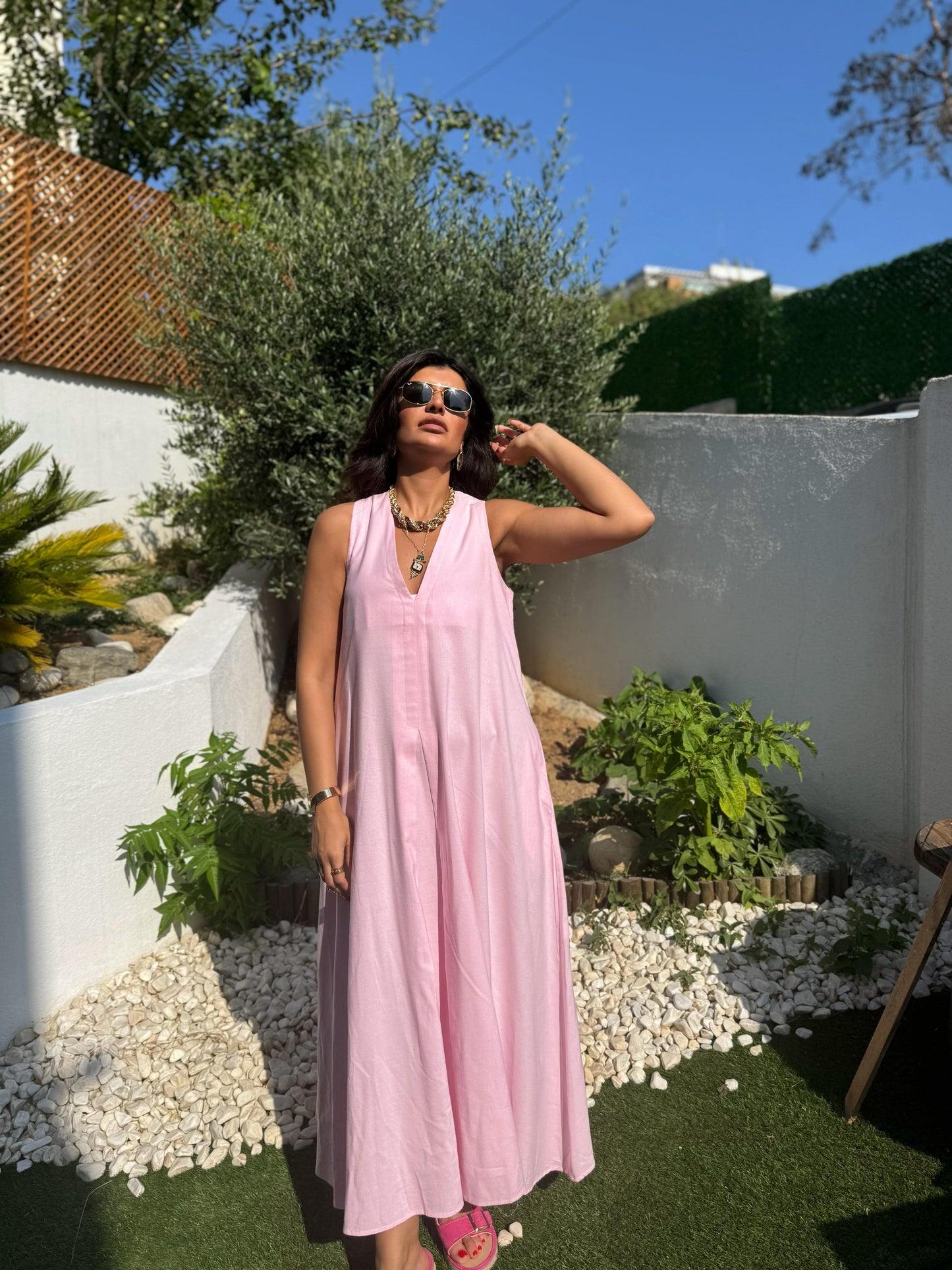 Keten Kumaş Cepli Maxi Boy Elbise | Pembe