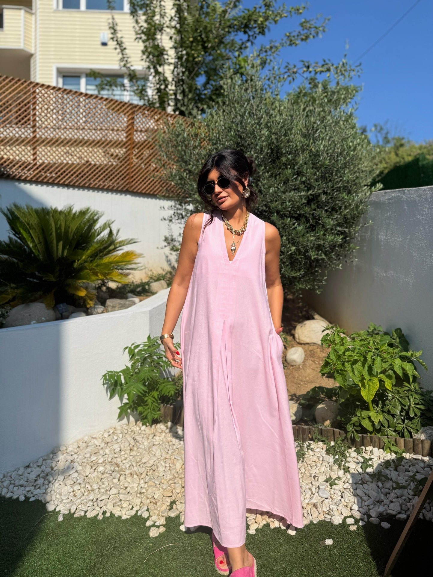 Keten Kumaş Cepli Maxi Boy Elbise | Pembe