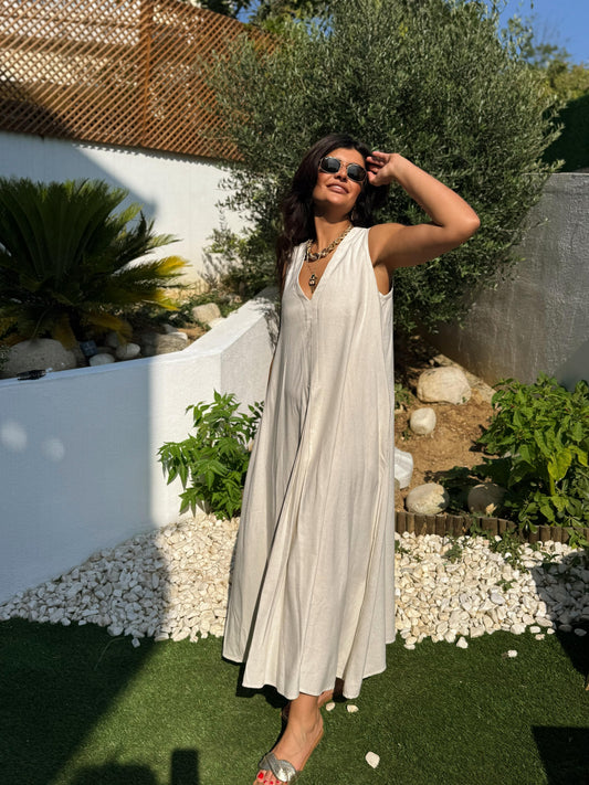 Keten Kumaş Cepli Maxi Boy Elbise | Beyaz