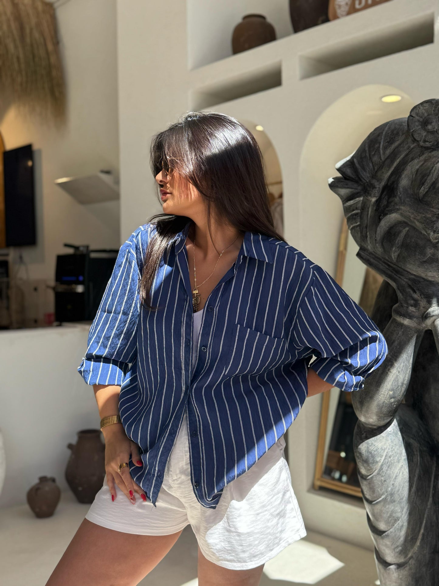 Premium Kalite Çizgili Tensel Gömlek | Mavi