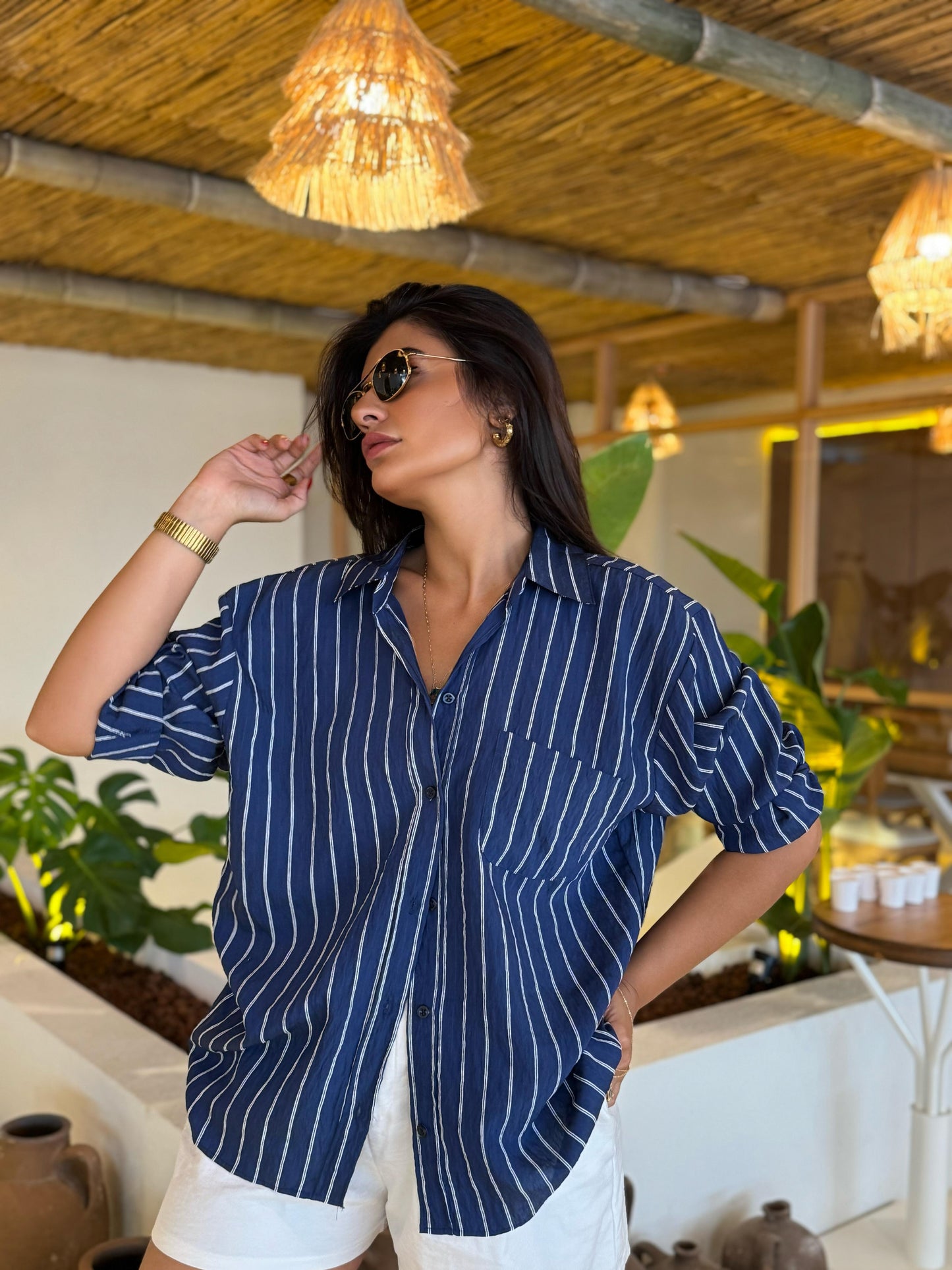 Premium Kalite Çizgili Tensel Gömlek | Mavi