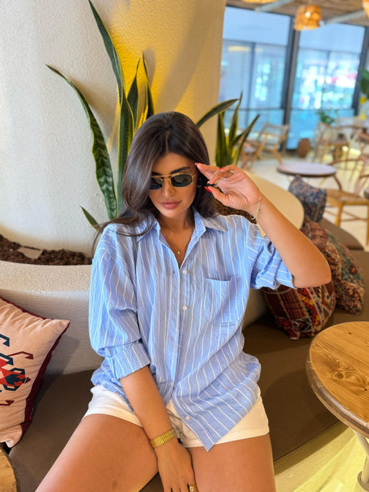 Premium Kalite Çizgili Tensel Gömlek | Buz Mavisi