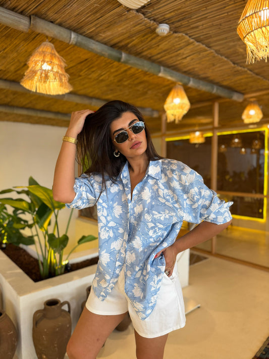 Çiçekli Desenli Tensel Gömlek | Buz Mavisi