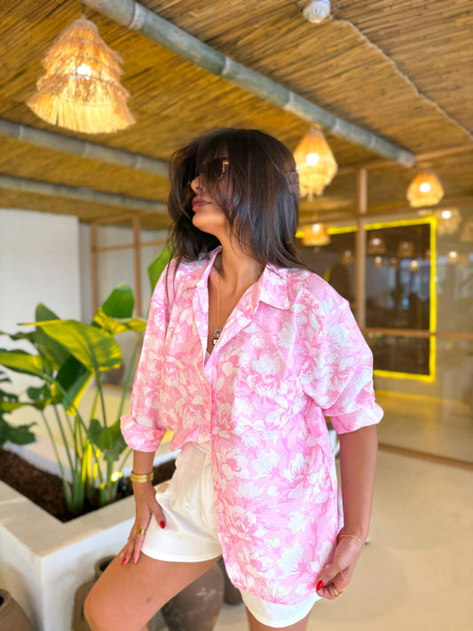 Çiçekli Desenli Tensel Gömlek | Pembe