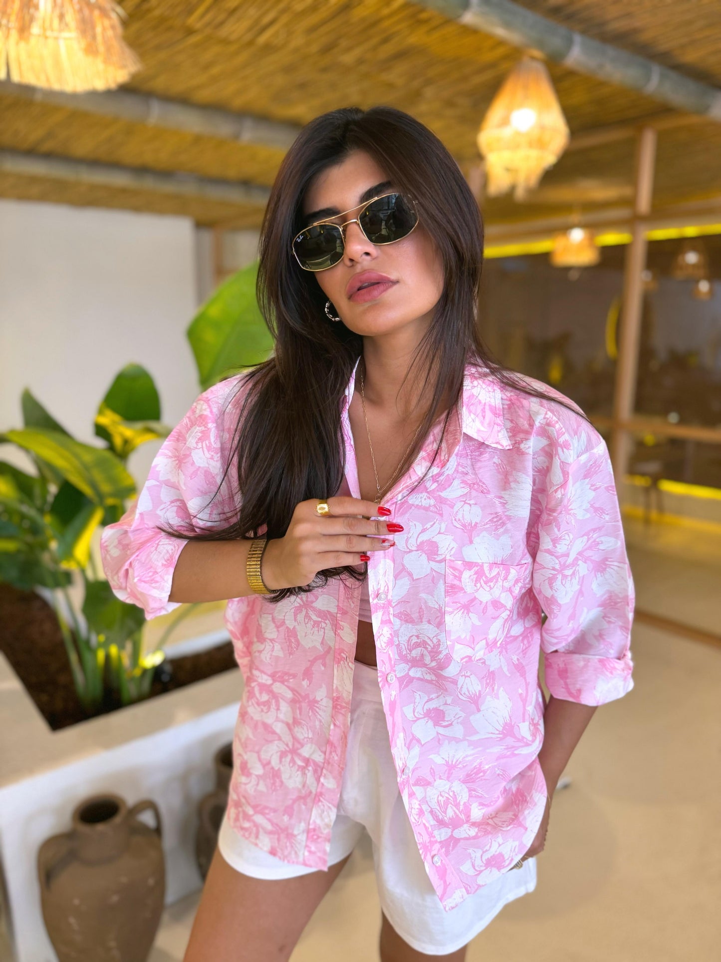 Çiçekli Desenli Tensel Gömlek | Pembe