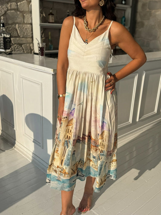 Midi Boy desenli Elbise | Beyaz