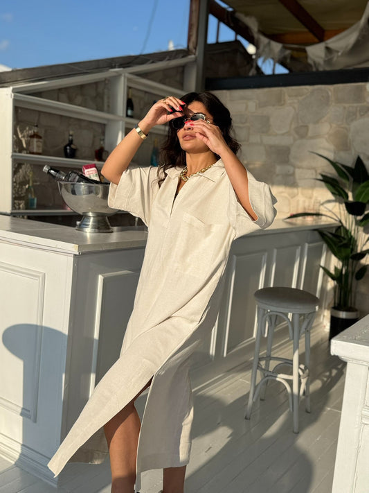 Keten Elbise Yandan Yırtmaçlı | Bej