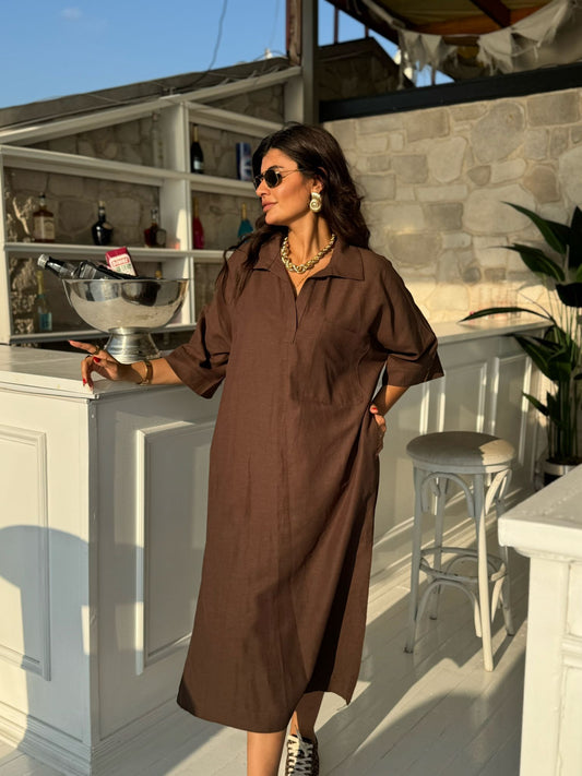 Keten Elbise Yandan Yırtmaçlı | Kahverengi