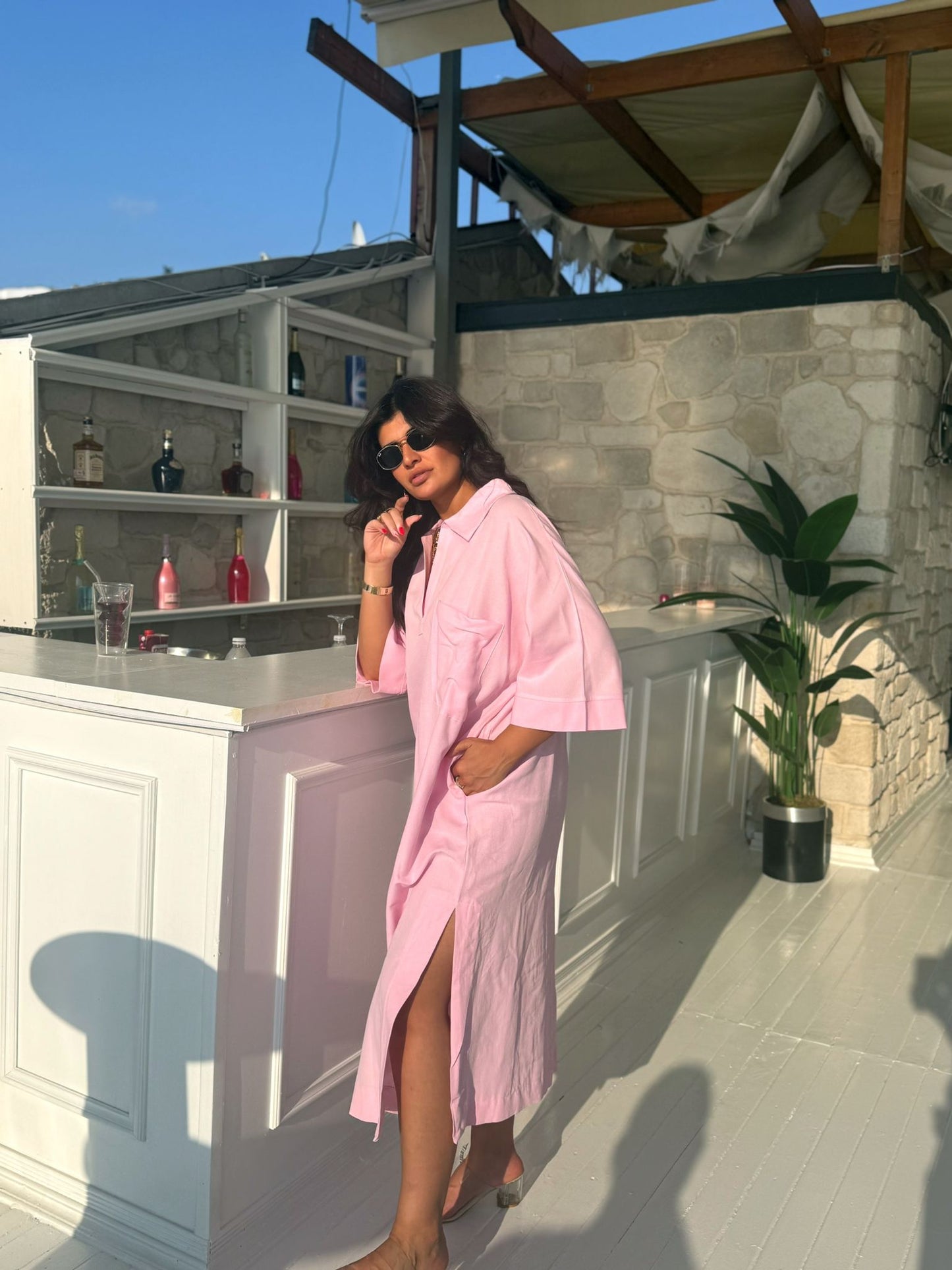Keten Elbise Yandan Yırtmaçlı | Pembe