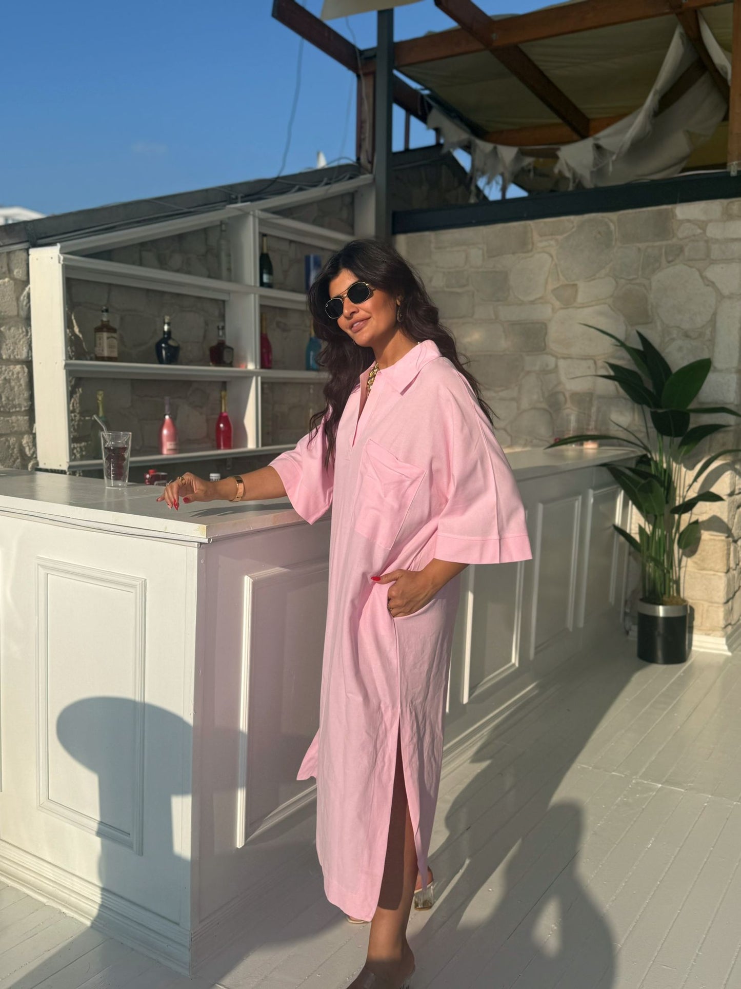 Keten Elbise Yandan Yırtmaçlı | Pembe