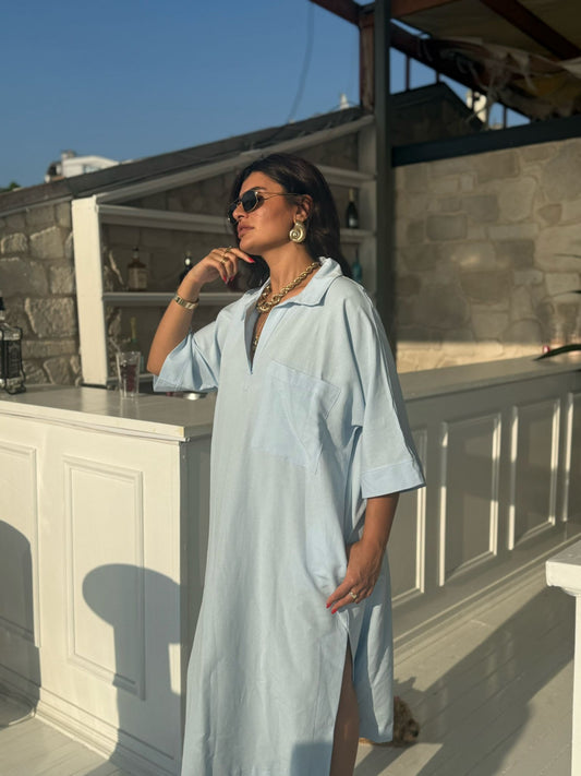 Keten Elbise Yandan Yırtmaçlı | Mavi