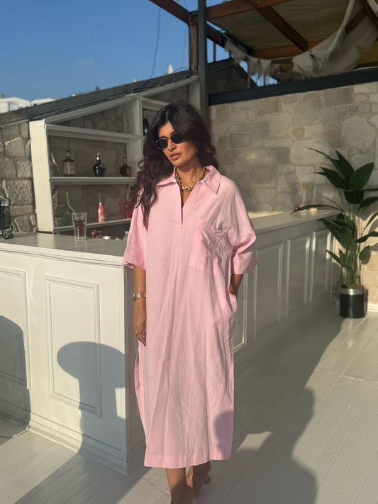 Keten Elbise Yandan Yırtmaçlı | Pembe