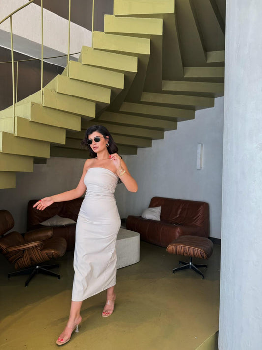 Dilvin Full Lıkralı Straplez Yanları Büzgülü Fit Gösteren Elbise | Beyaz