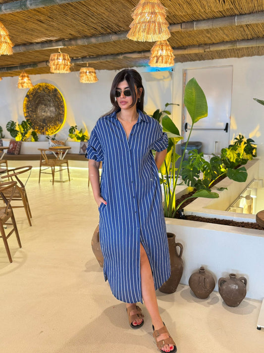 Tensel Kumaş Cizgili Salaş Gömlek Elbise | Mavi