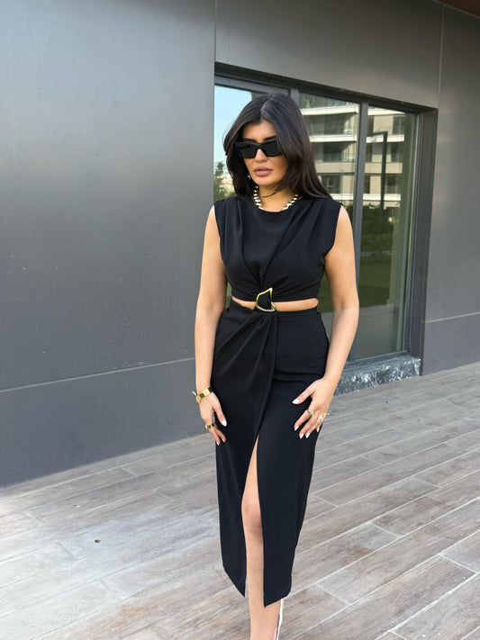 Gold Toka Pencere Detaylı Elbise | Siyah