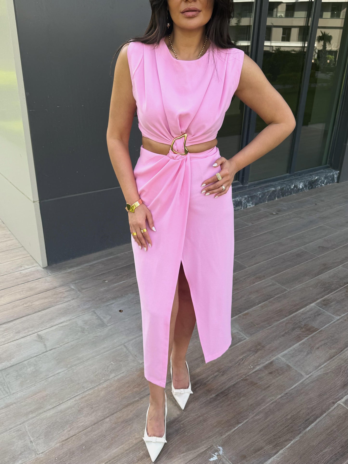 Gold Toka Pencere Detaylı Elbise | Pembe