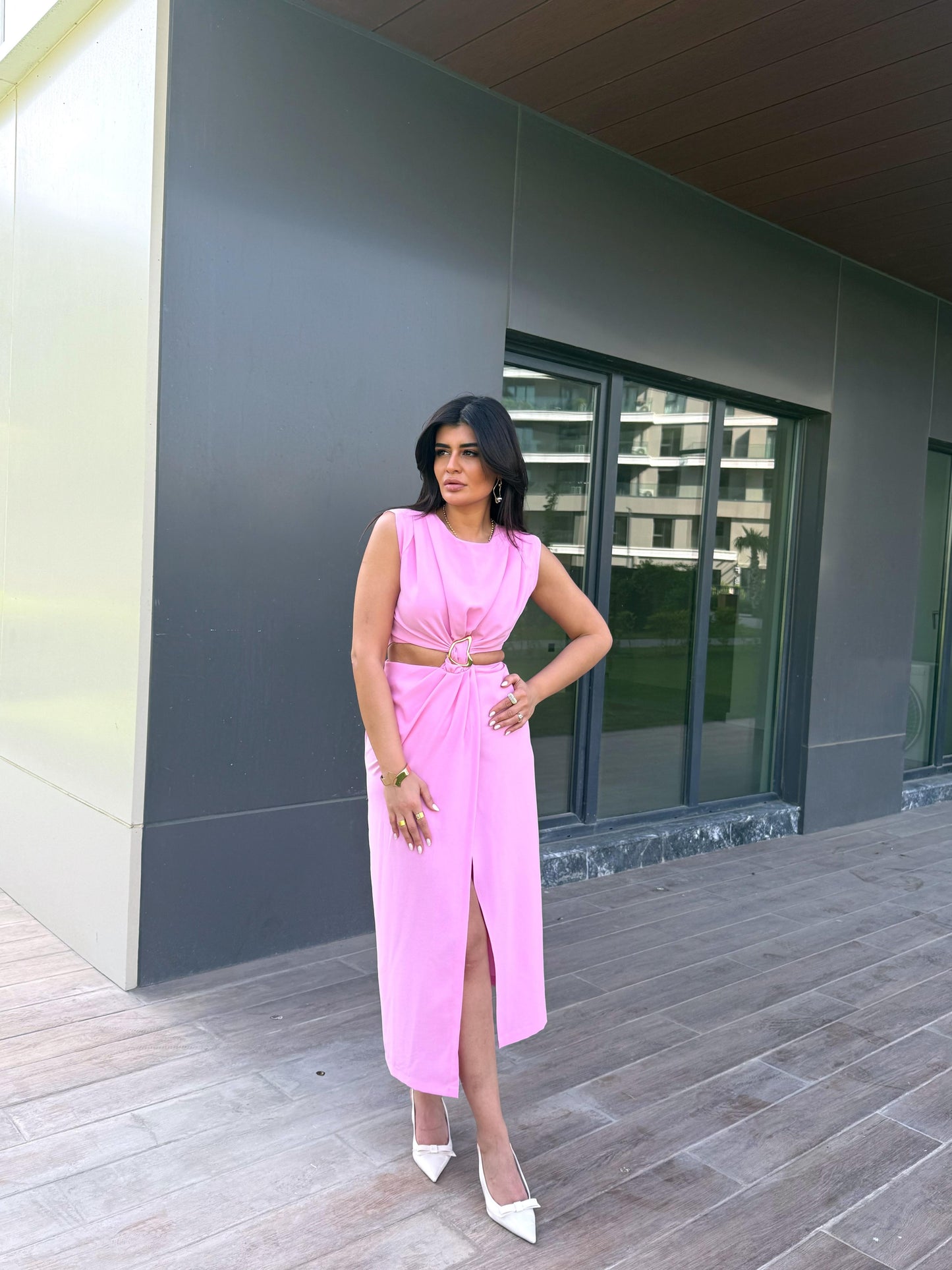 Gold Toka Pencere Detaylı Elbise | Pembe