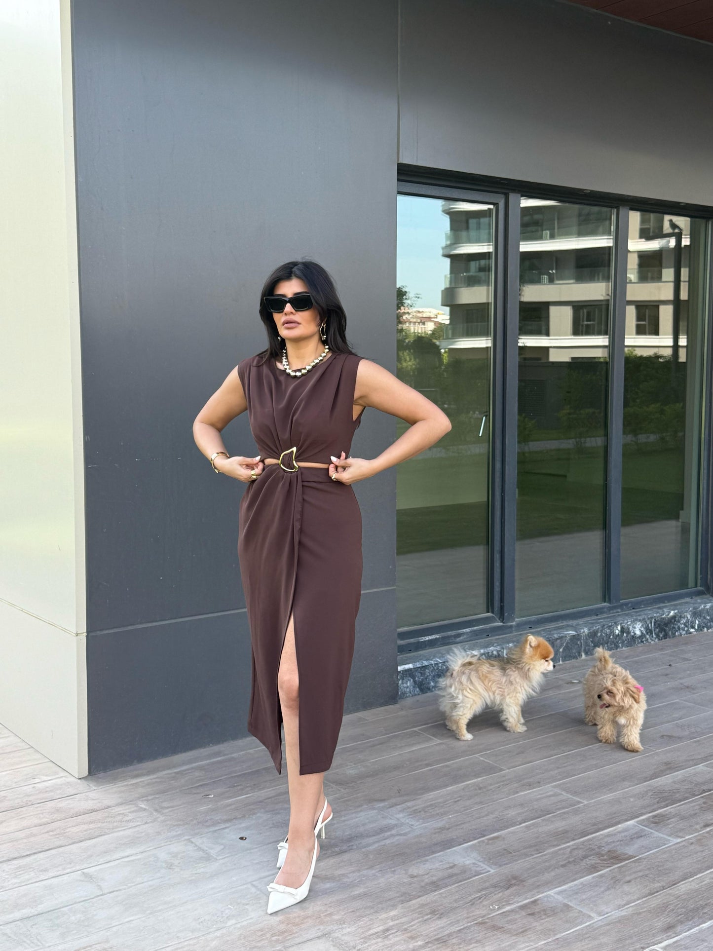Gold Toka Pencere Detaylı Elbise | Kahverengi