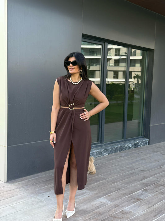 Gold Toka Pencere Detaylı Elbise | Kahverengi