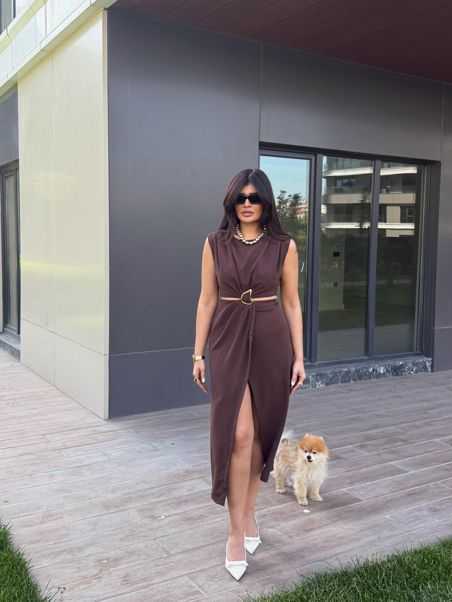 Gold Toka Pencere Detaylı Elbise | Kahverengi