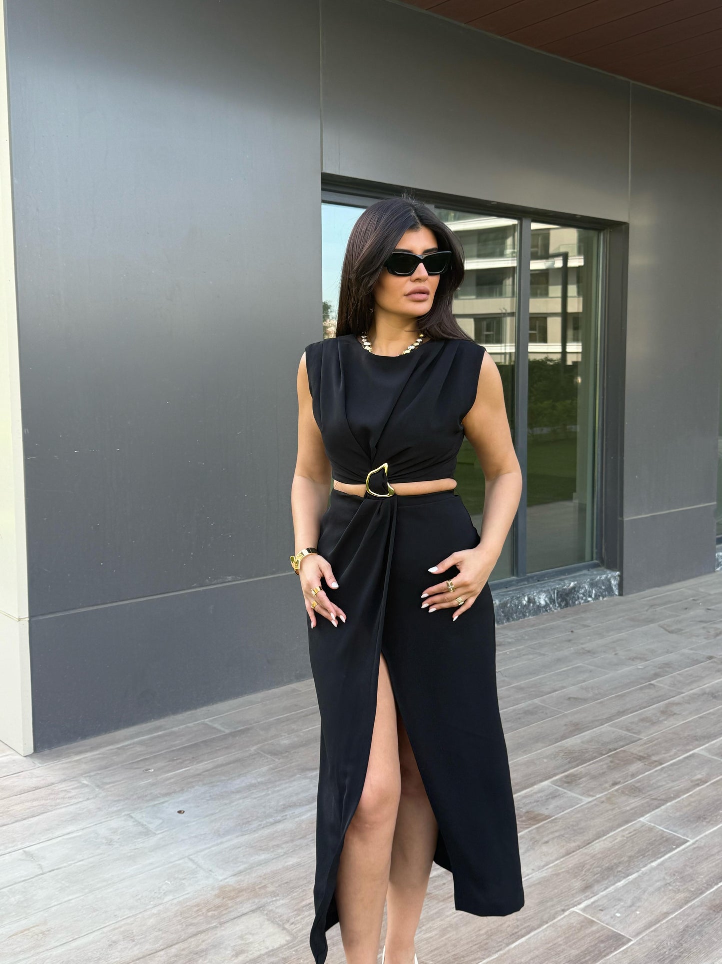 Gold Toka Pencere Detaylı Elbise | Siyah