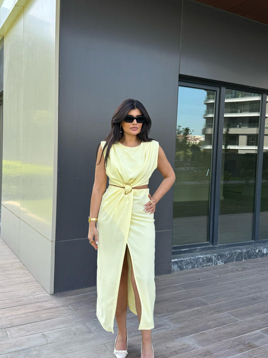 Gold Toka Pencere Detaylı Elbise | Sarı
