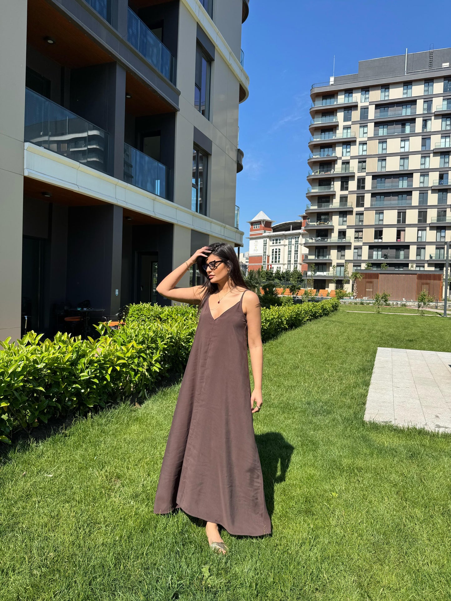 Ayarlanabilir Askılı Elbise - Tencel Kumaş | Kahverengi