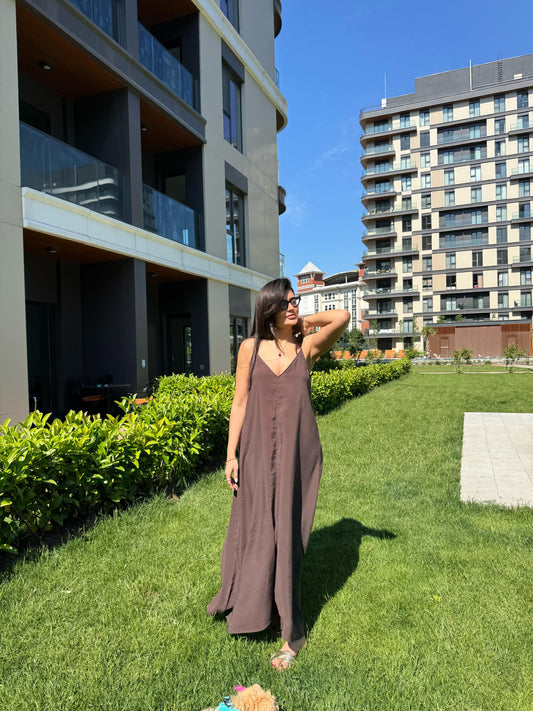 Ayarlanabilir Askılı Elbise - Tencel Kumaş | Kahverengi