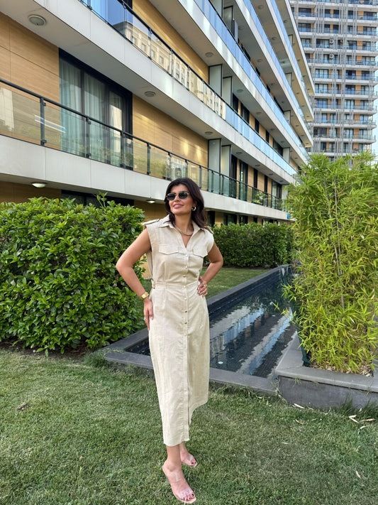 Keten Gold Düğme & Kemer Detaylı Premium Kalite Elbise | Açık Bej