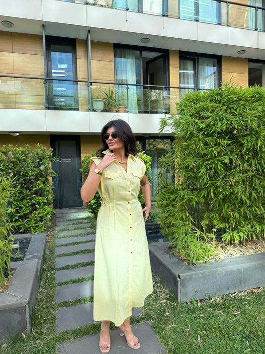 Keten Gold Düğme & Kemer Detaylı Premium Kalite Elbise | Açık Sarı