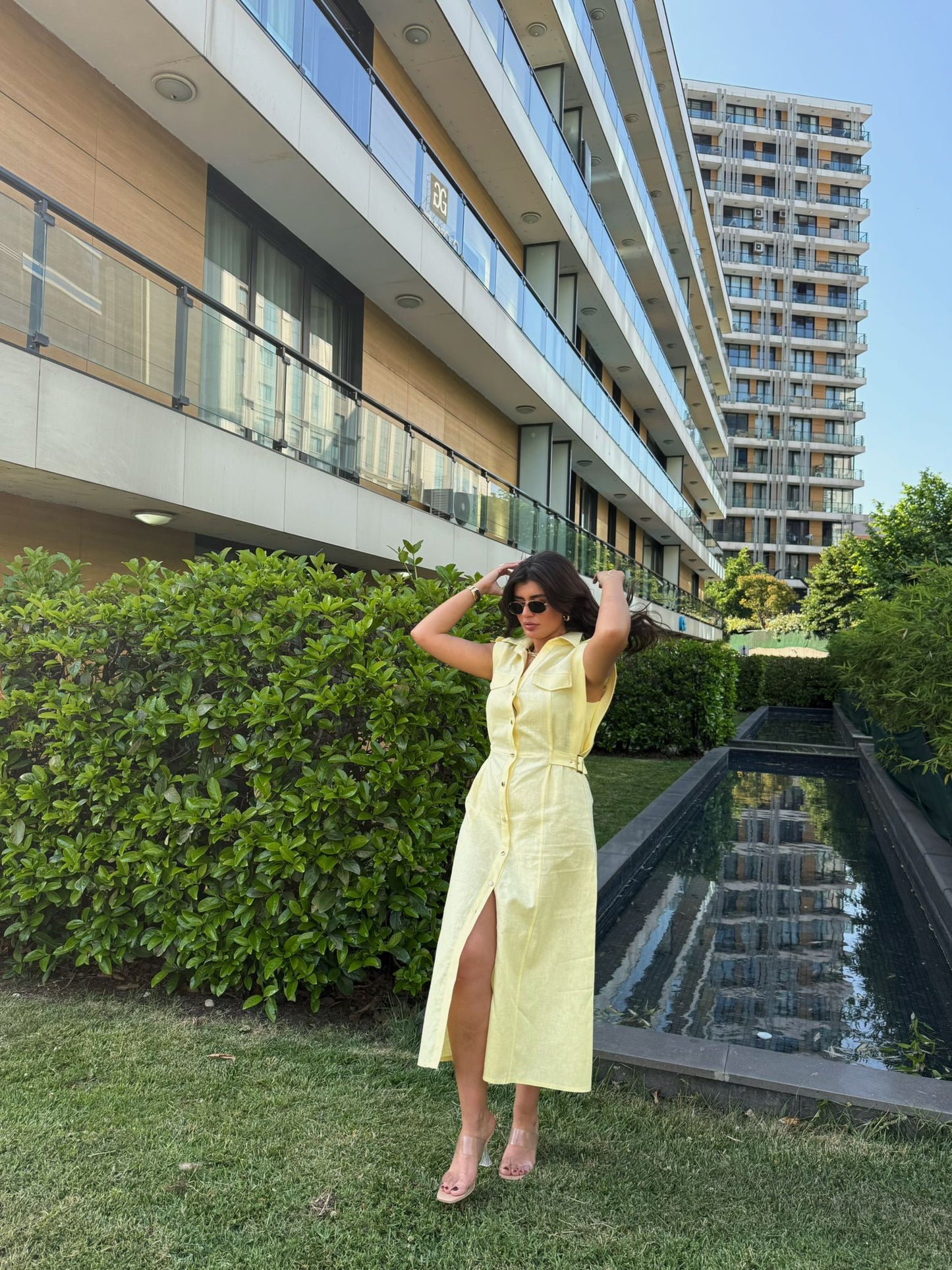 Keten Gold Düğme & Kemer Detaylı Premium Kalite Elbise | Açık Sarı