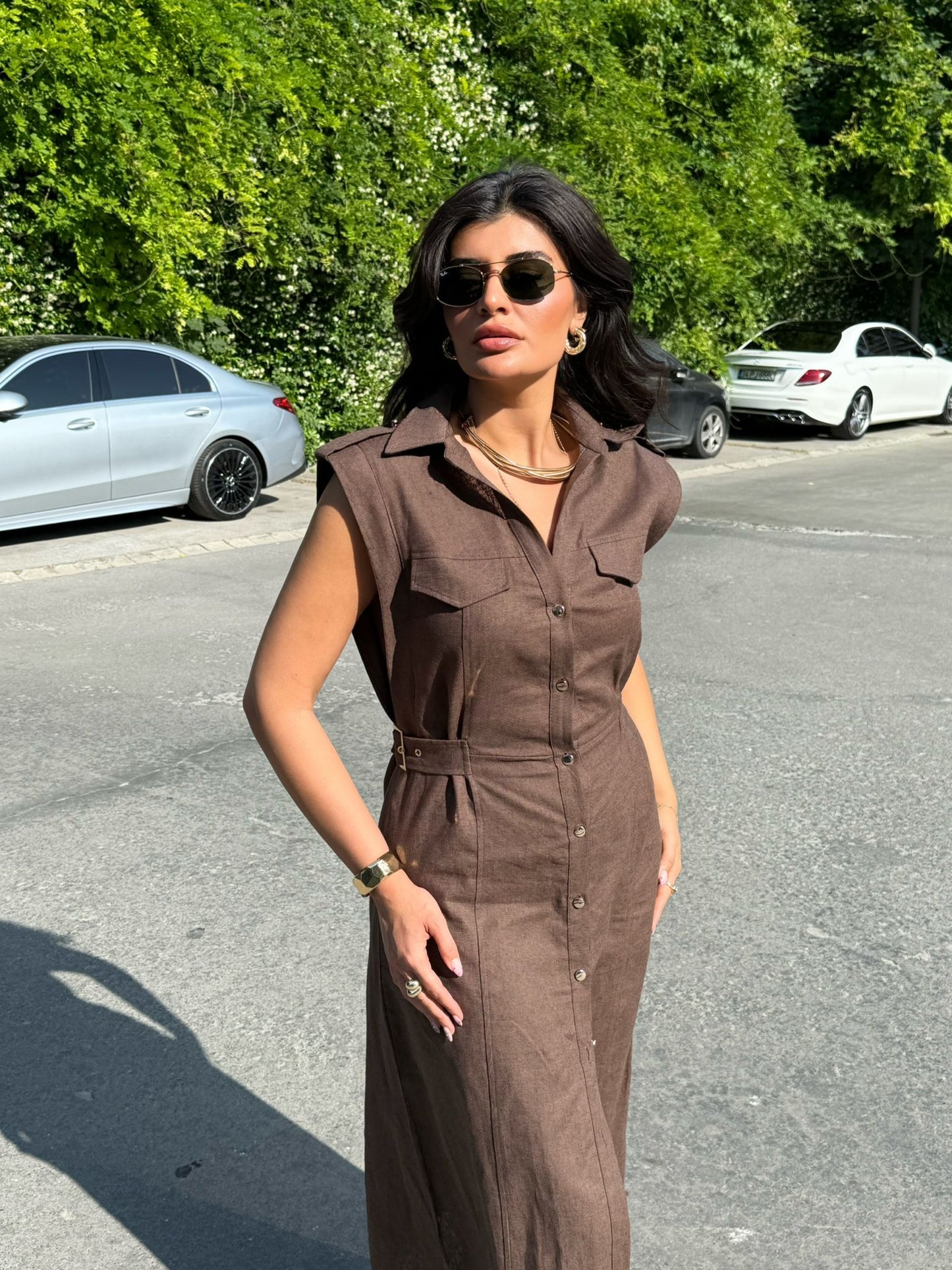 Keten Gold Düğme & Kemer Detaylı Premium Kalite Elbise | Kahverengi