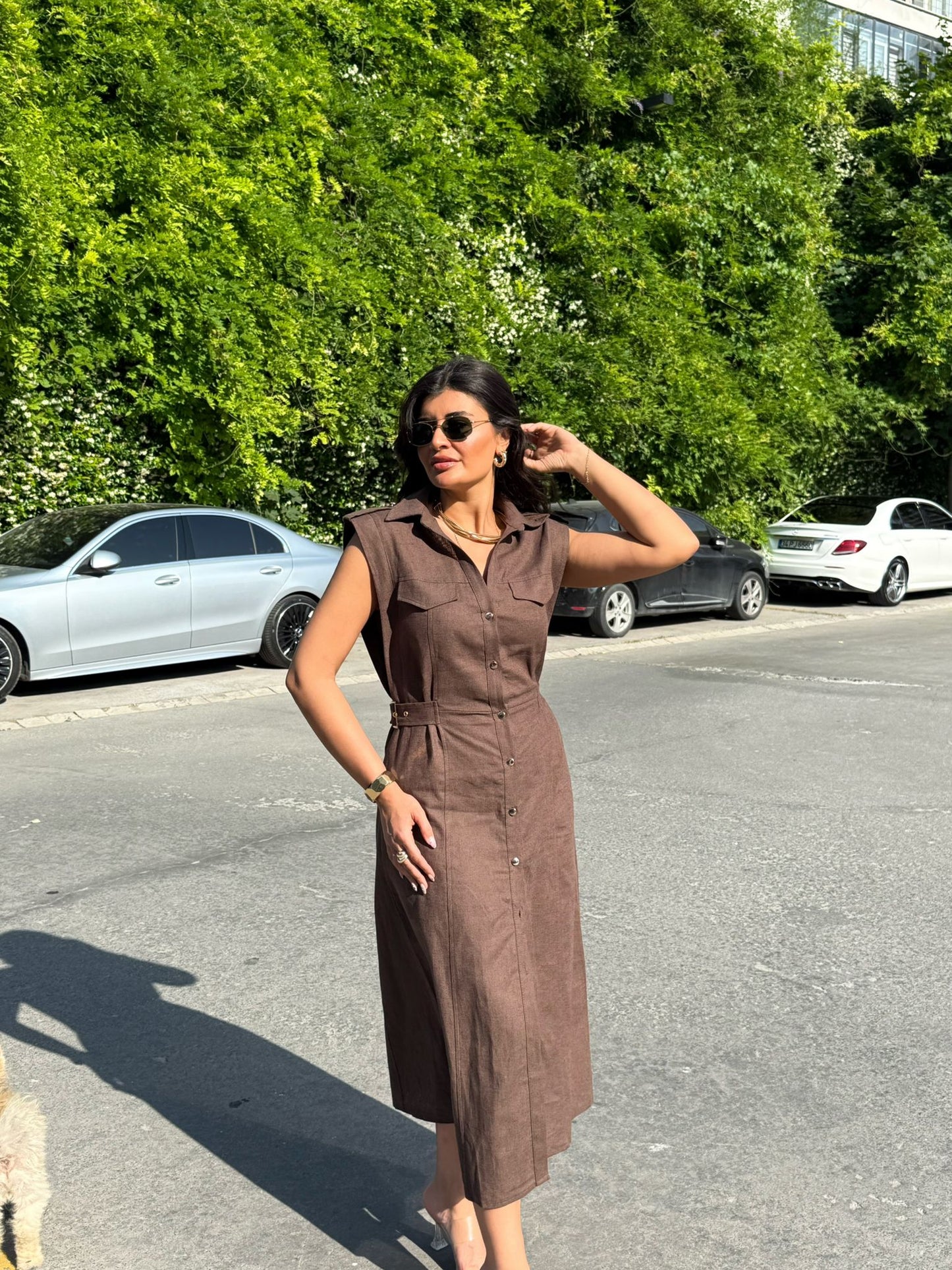 Keten Gold Düğme & Kemer Detaylı Premium Kalite Elbise | Kahverengi