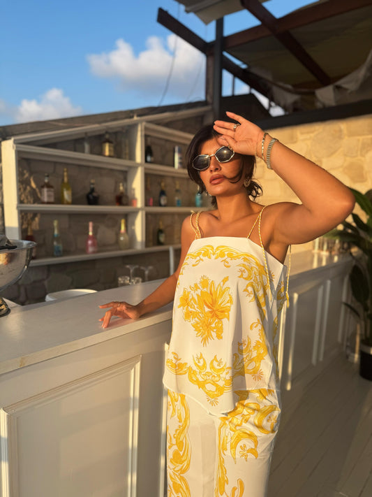 Lacıvert Desenli Asimetrik Kesim Premium Tasarım Takım | Sarı