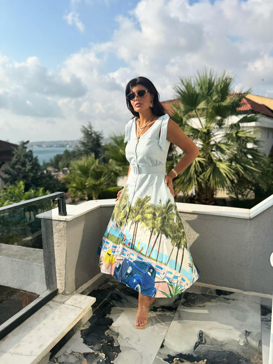 Palmiye Baskılı Mavi Çizgili Kemer Detaylı Cepli Premium Elbise | Beyaz