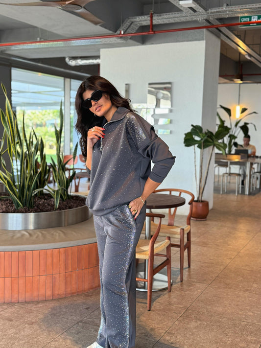 Oysh modal kumaş taşlı takım | Koyu Gri