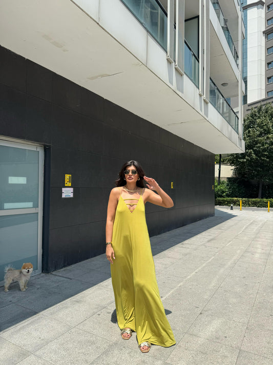 Sırtı Açık-Yaka Önü Biyeli Maxi Boy Elbise | Sarı