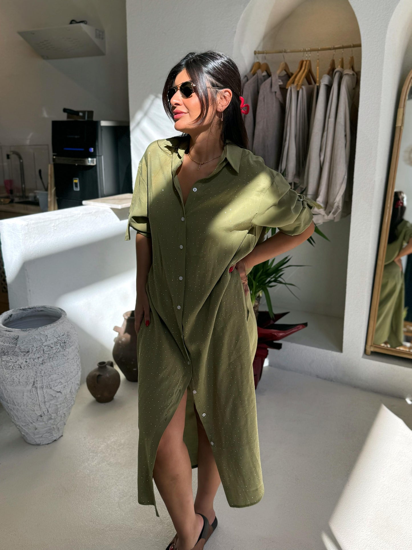 Tencel Kumaş Gömlek Elbise | Haki Yeşil