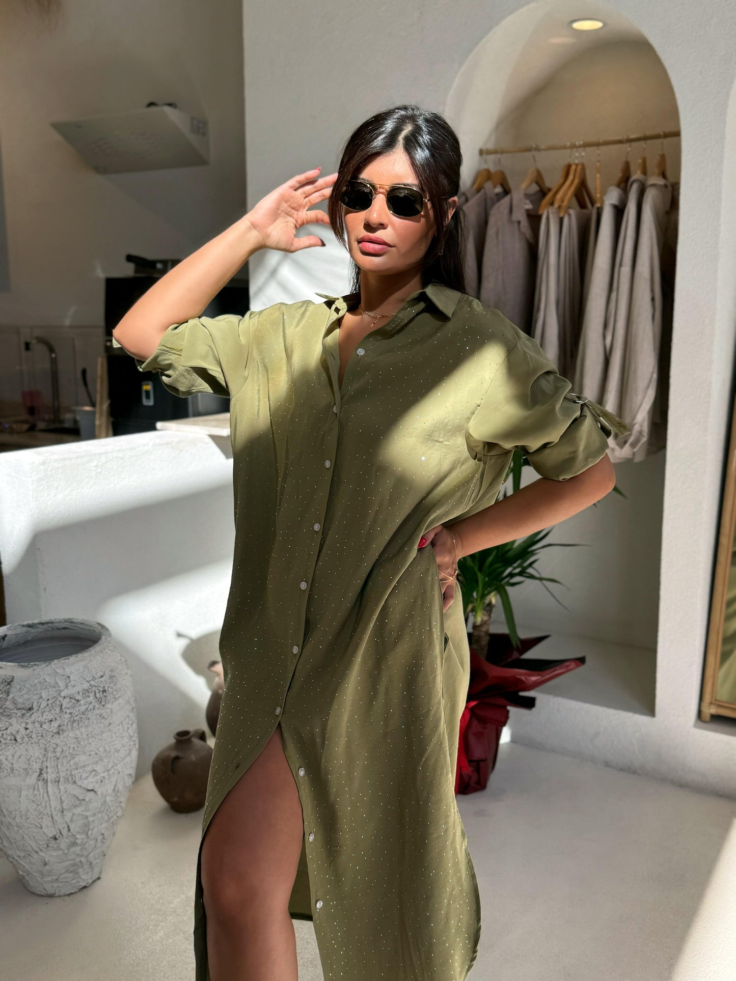 Tencel Kumaş Gömlek Elbise | Haki Yeşil
