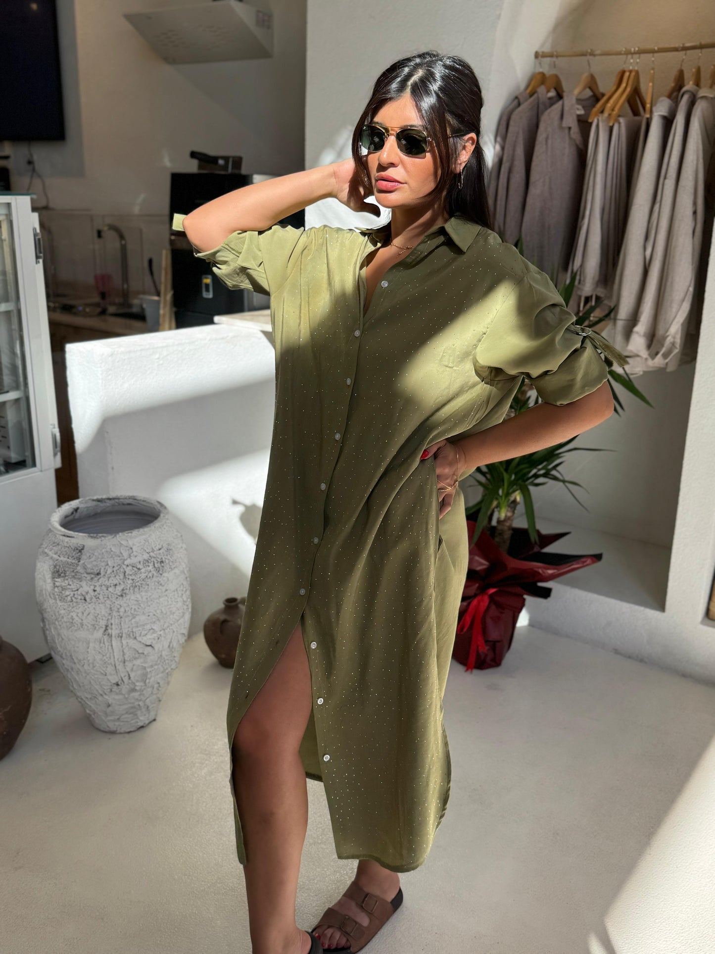 Tencel Kumaş Gömlek Elbise | Haki Yeşil