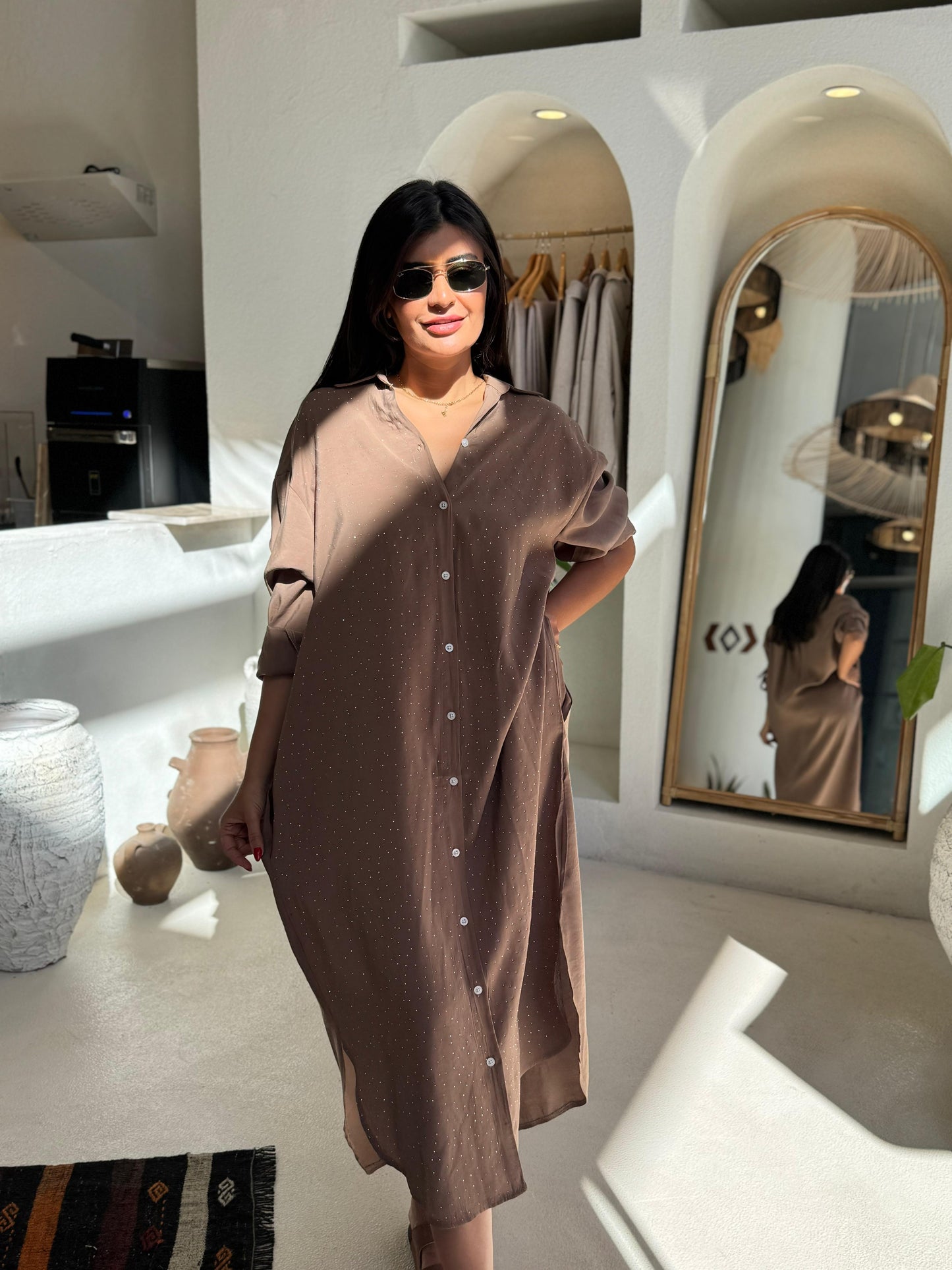 Tencel Kumaş Gömlek Elbise | Kahverengi